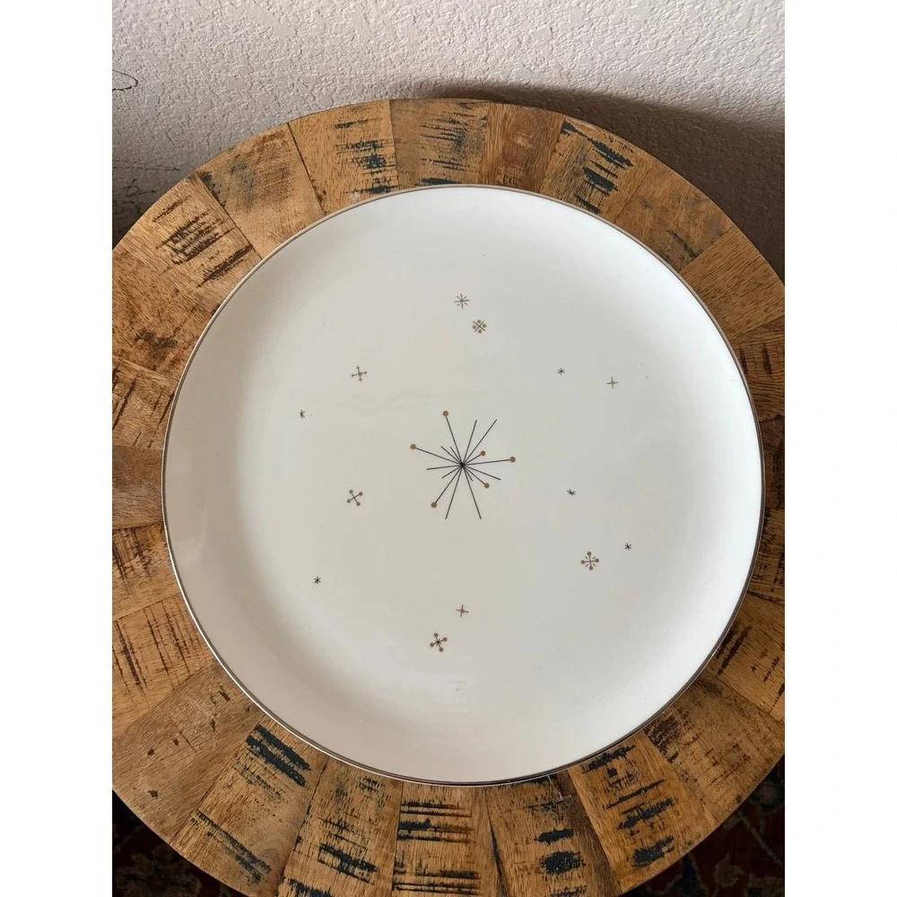 Syracuse‎ China Evening Star Dinner Plates Atomic Starburst MCM White Silver Rim